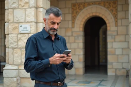 Homme maghrebin regardant son smartphone devant une mosquee