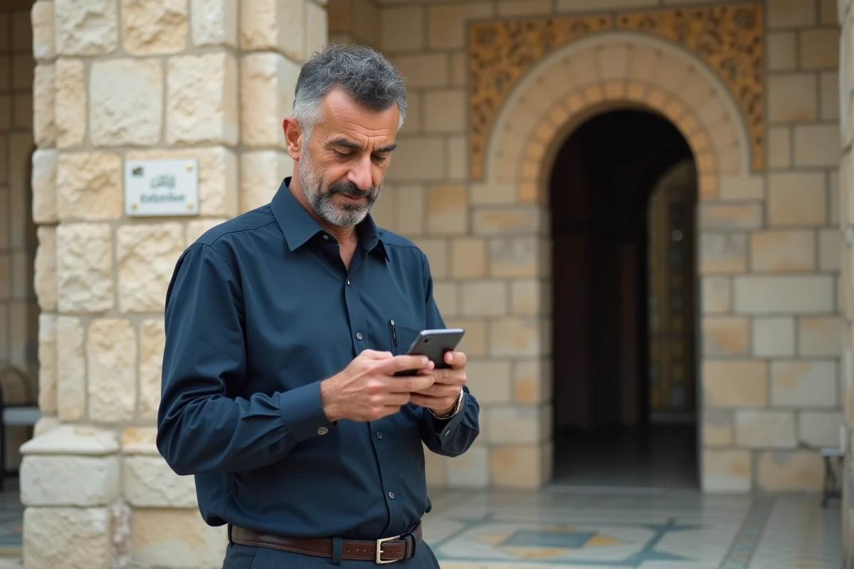 Homme maghrebin regardant son smartphone devant une mosquee