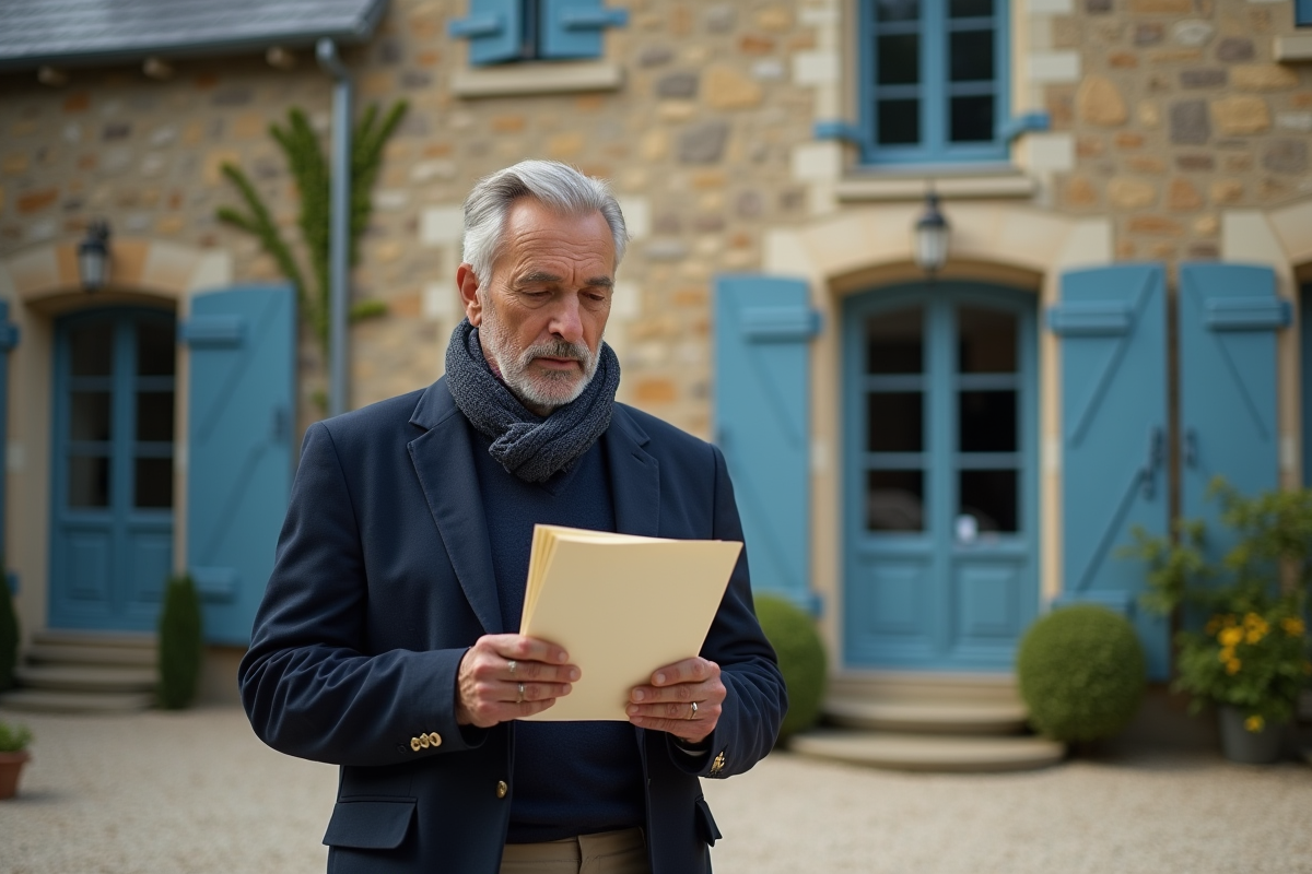 Homme d age regardant des lettres devant une maison traditionnelle