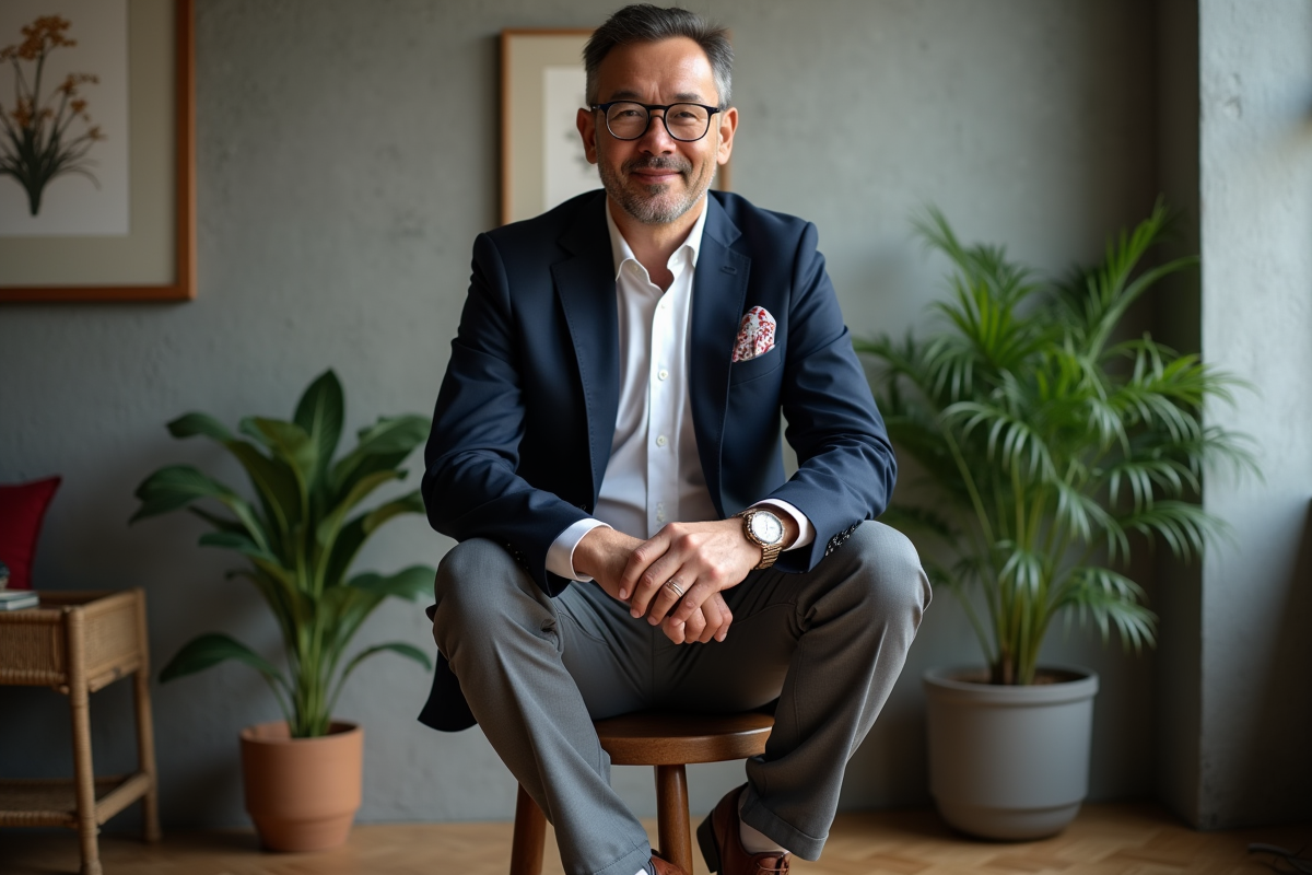 Homme confiant en intérieur avec blazer et accessoires