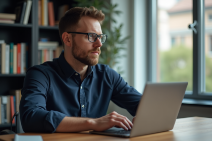 Homme pensif en bureau à domicile avec ordinateur et livres