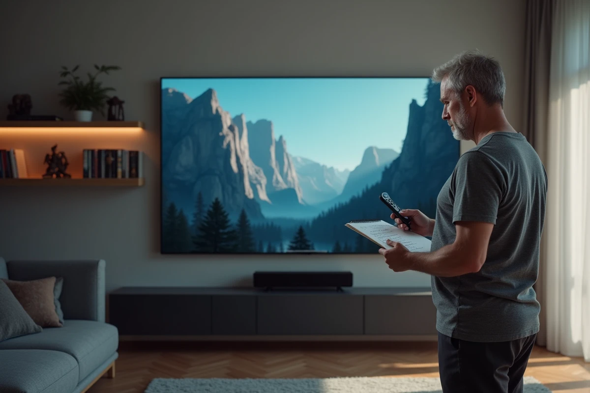 Homme planifiant l'ordre de visionnage du Hobbit et du Seigneur des Anneaux devant sa télévision avec une liste manuscrite