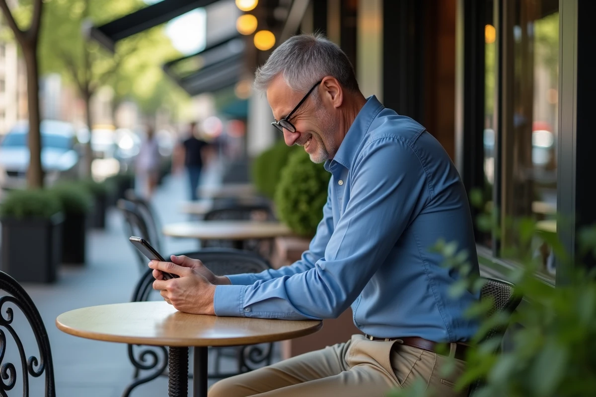 Homme souriant écoutant un podcast en extérieur