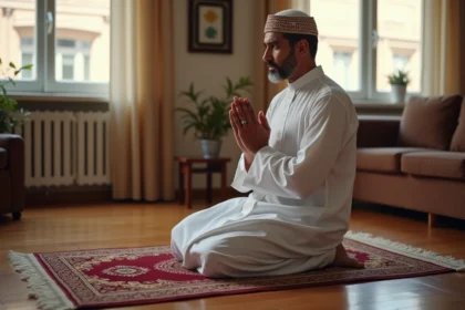 Homme en djellaba blanche effectuant la salat sur un tapis de prière à Vénissieux pendant le Ramadan