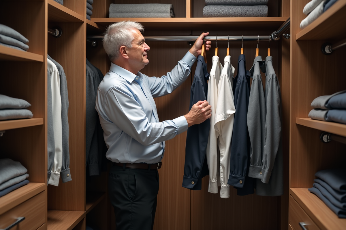 Homme organisant son dressing avec des cintres gain de place