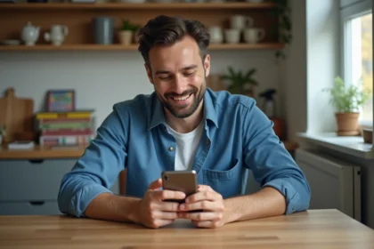 Homme souriant utilisant une application Monopoly sur son smartphone