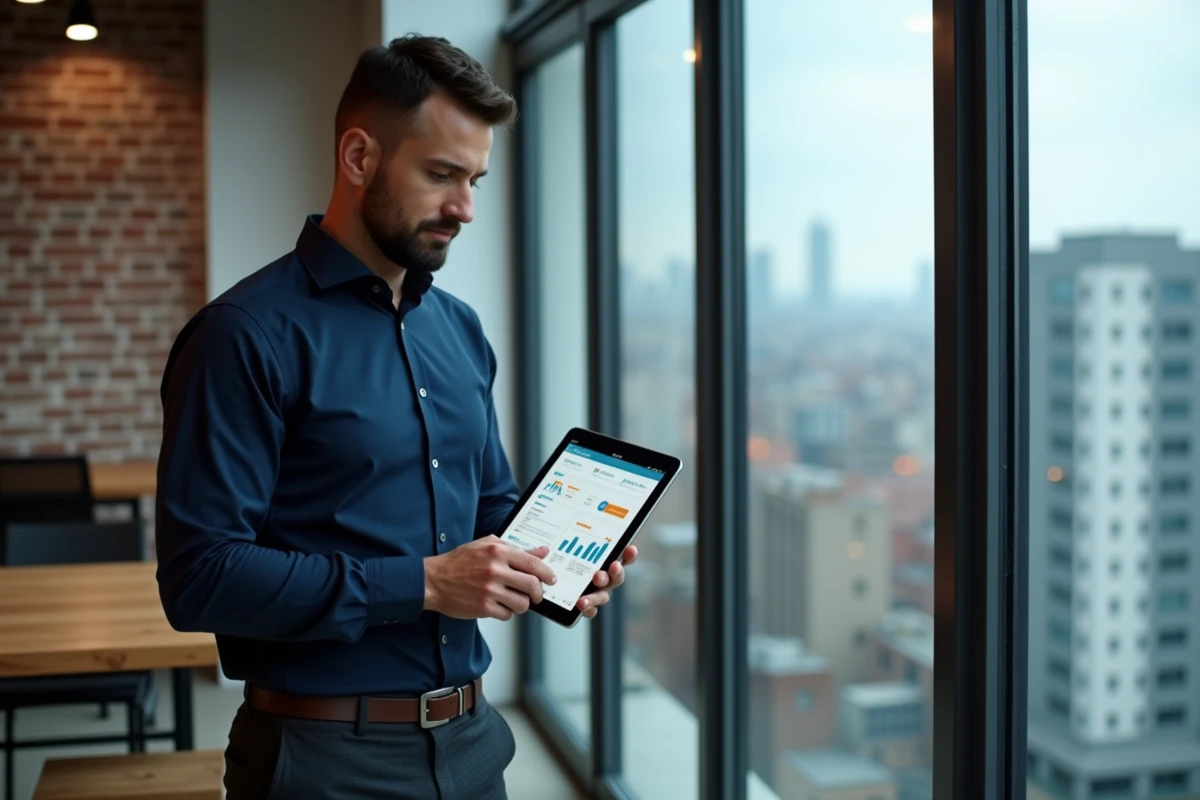 Homme consultant un tableau de bord de classement de sites web concurrents sur une tablette dans un espace de coworking