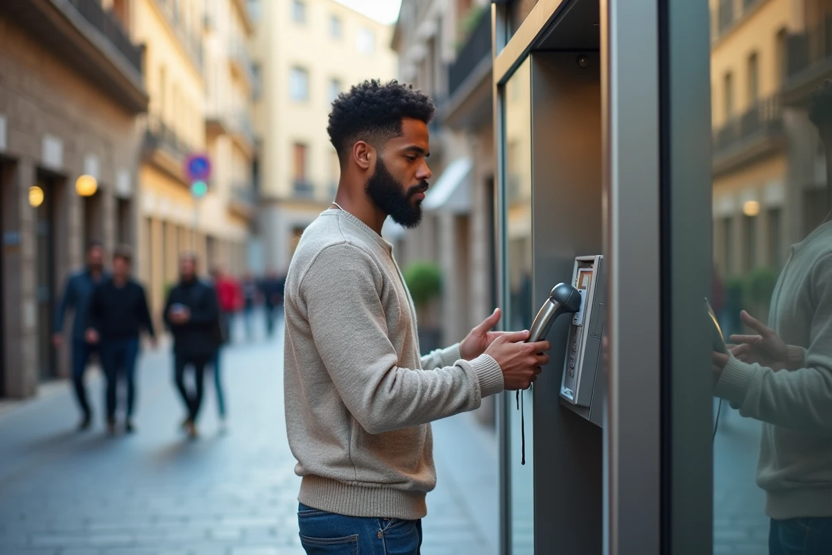 Jeune homme au téléphone public dans une rue urbaine en Espagne