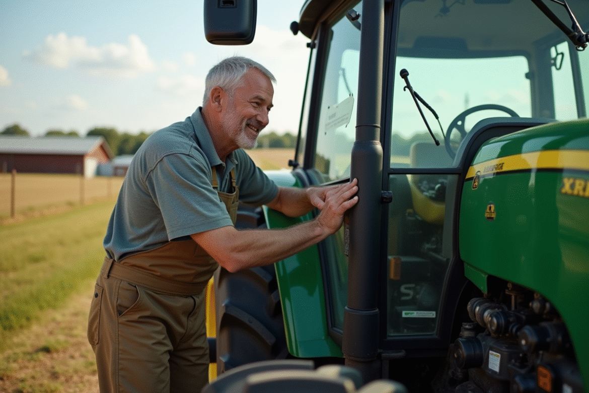 Homme souriant inspectant un tracteur vert d'occasion dans une ferme