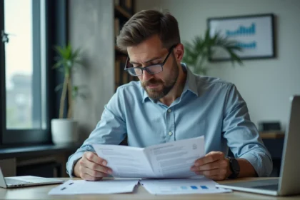 Homme d'âge moyen au bureau moderne en pleine réflexion