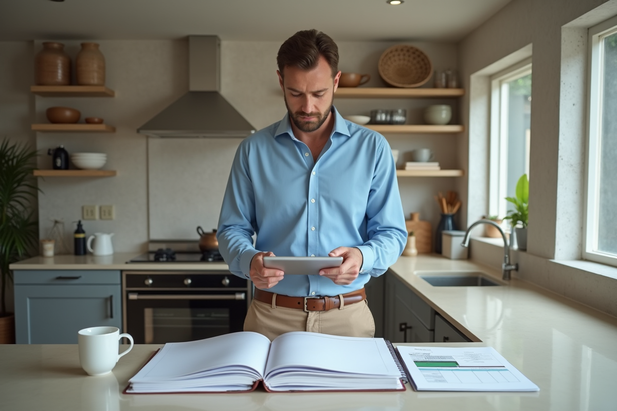 Homme triant des papiers dans sa cuisine moderne