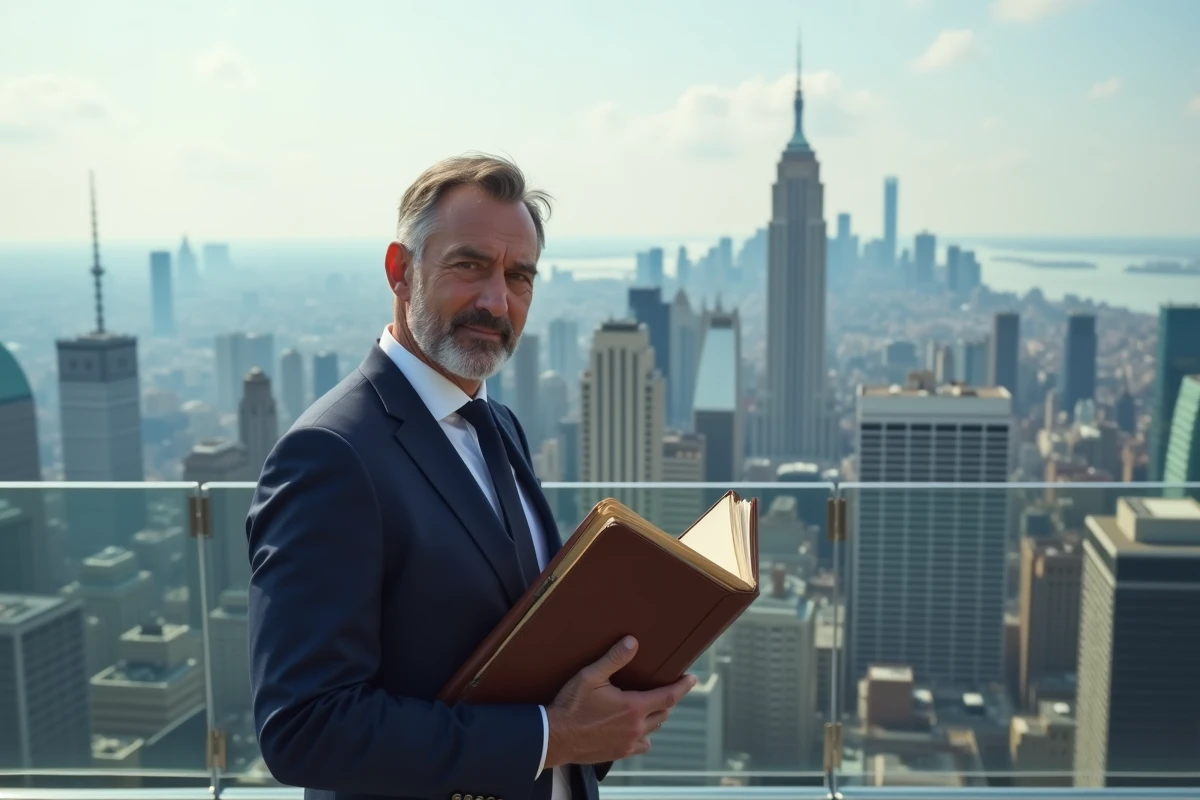 Homme d'âge moyen en costume sur un rooftop urbain
