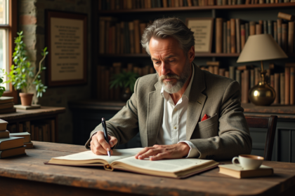 Homme d'âge moyen en costume en lin lisant un livre ancien dans un bureau chaleureux