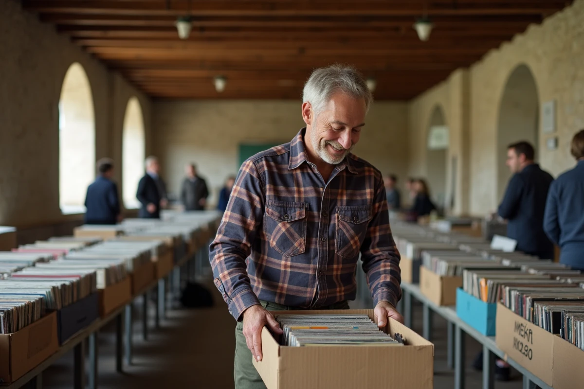 Homme fouillant dans des vinyles anciens lors d'un vide-grenier en salle communale en Bretagne
