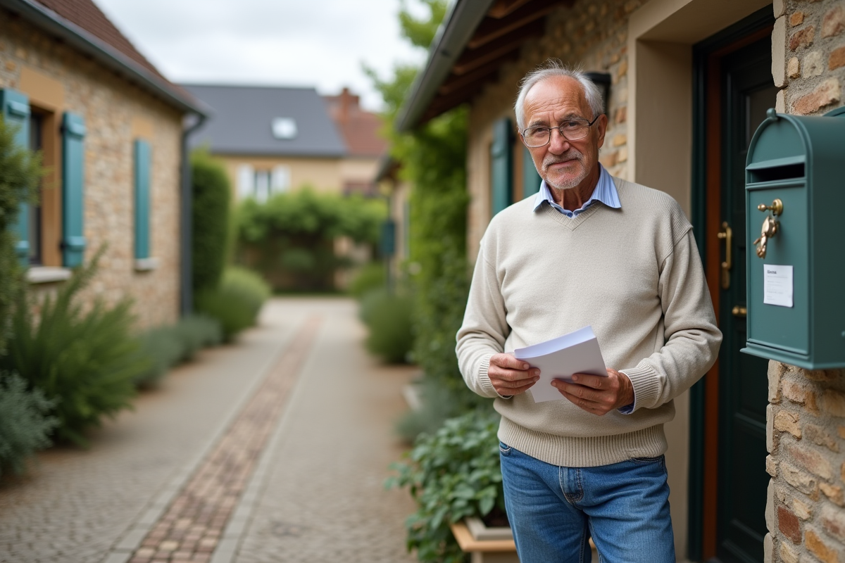 Homme français examine la boîte aux lettres dans un village