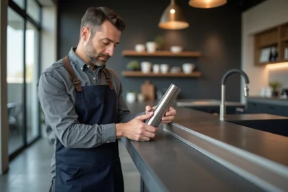 Professionnel inspectant un profil en inox avant commande dans un showroom de cuisine moderne