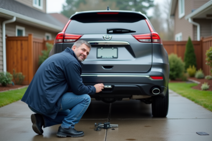 Homme installant une caméra de recul sur SUV dans une cour résidentielle