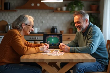 Couple jouant à la belote à la maison chaleureuse