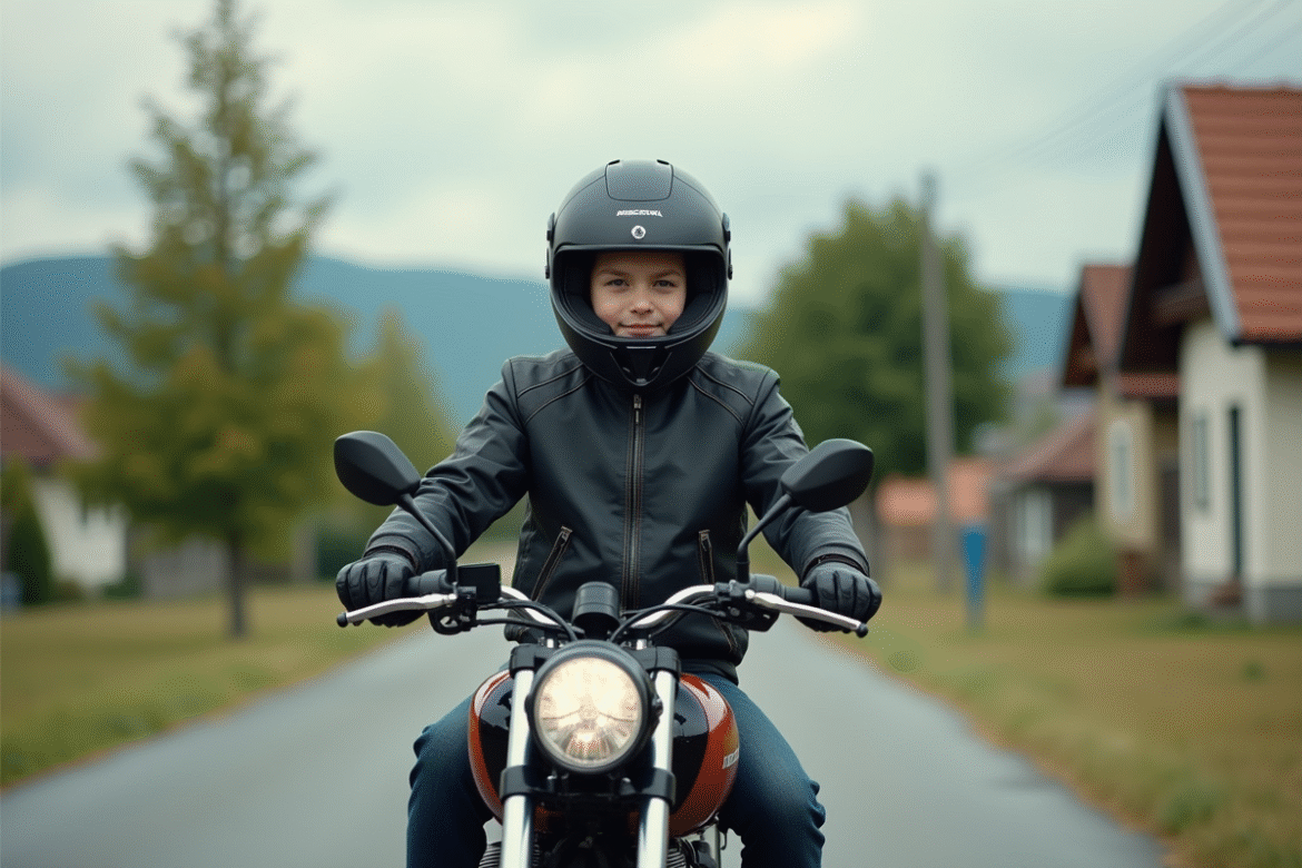 Jeune garçon en moto dans un village européen