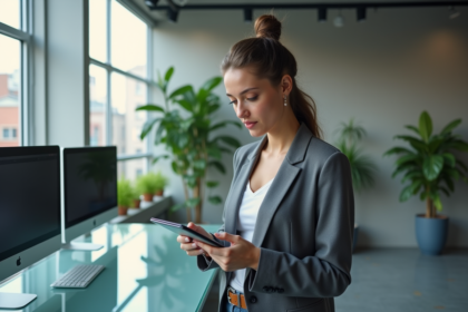 Jeune femme en bureau moderne avec tablette et plantes