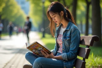 Jeune femme lisant manga dans un parc urbain ensoleille