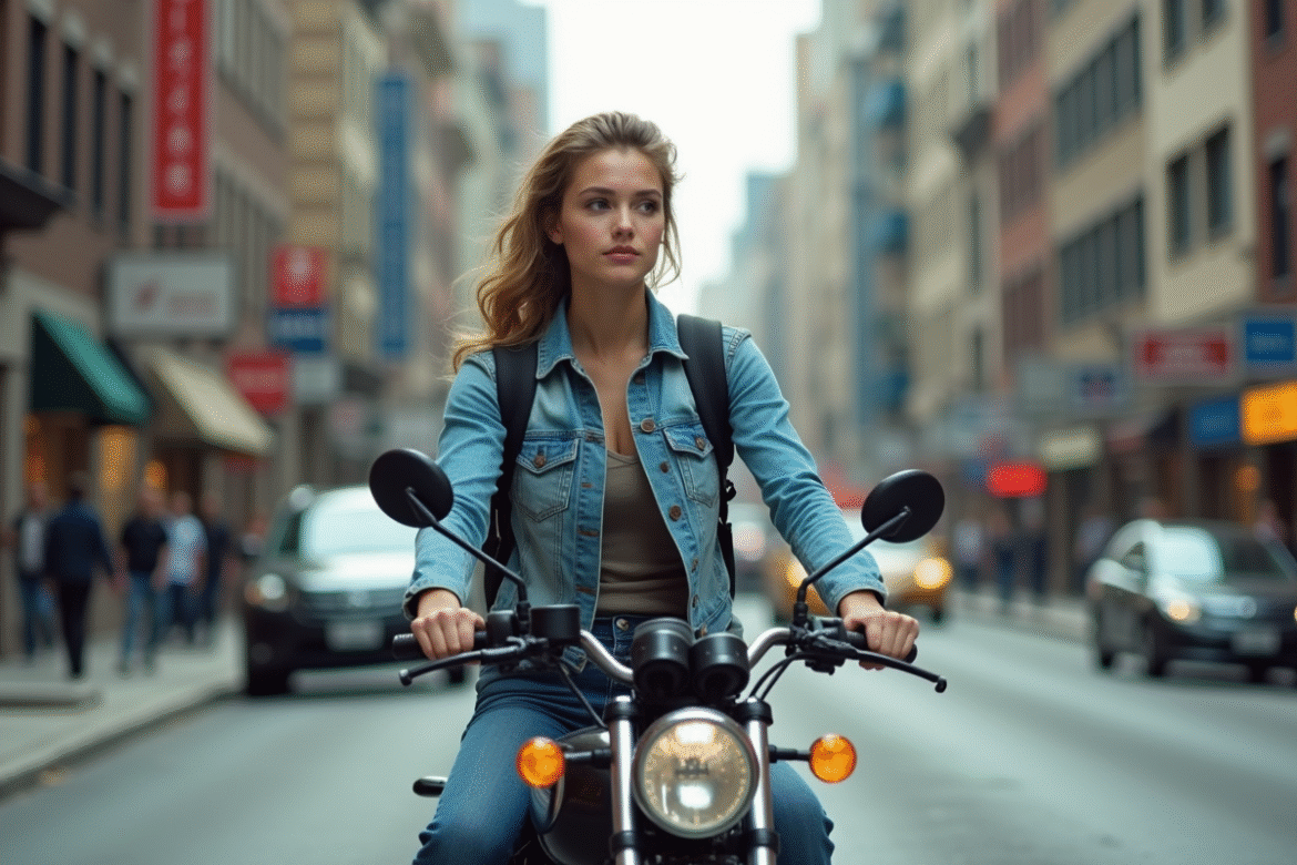Jeune femme en moto urbaine dynamique et confiante