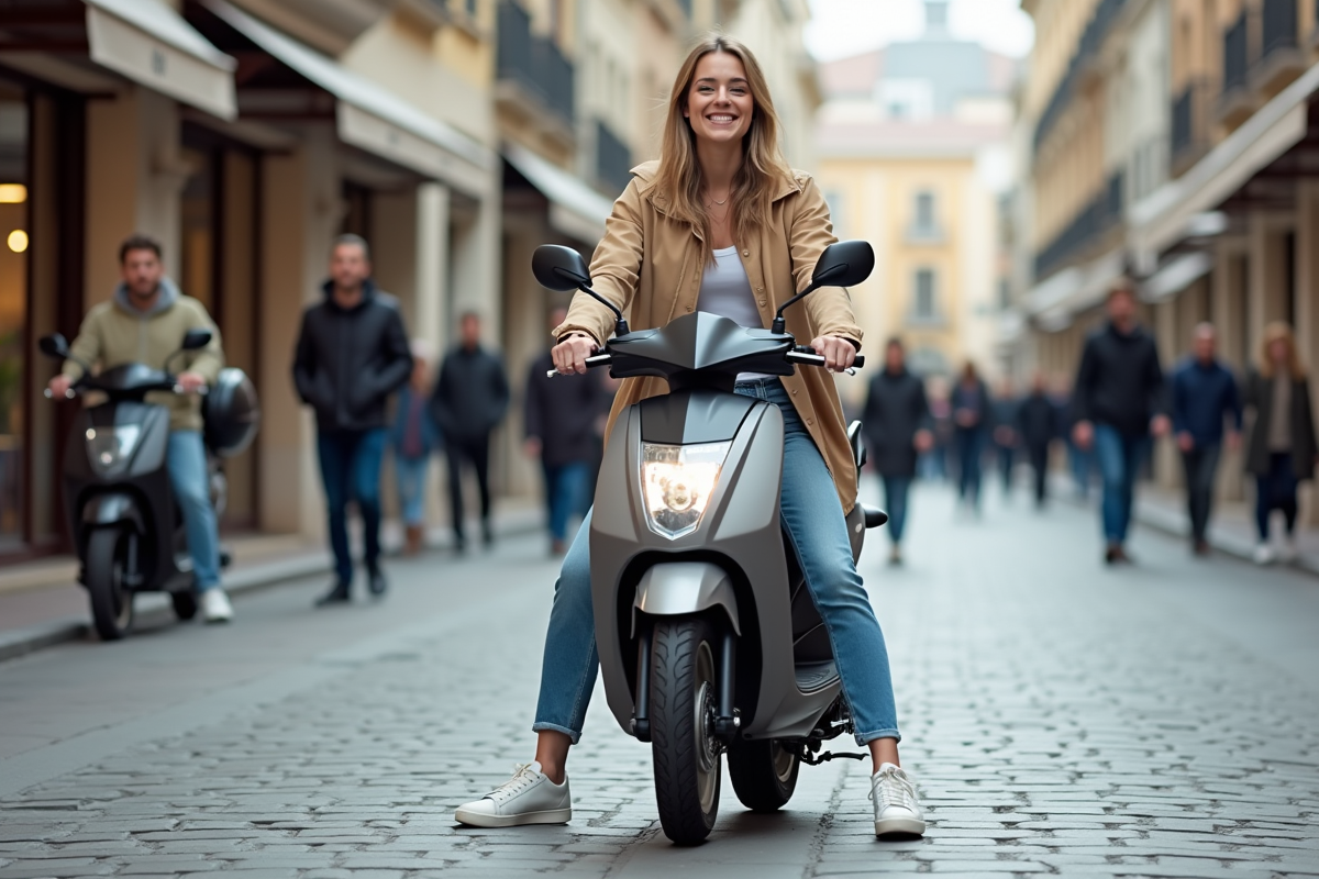 Jeune femme garée avec sa moto en ville