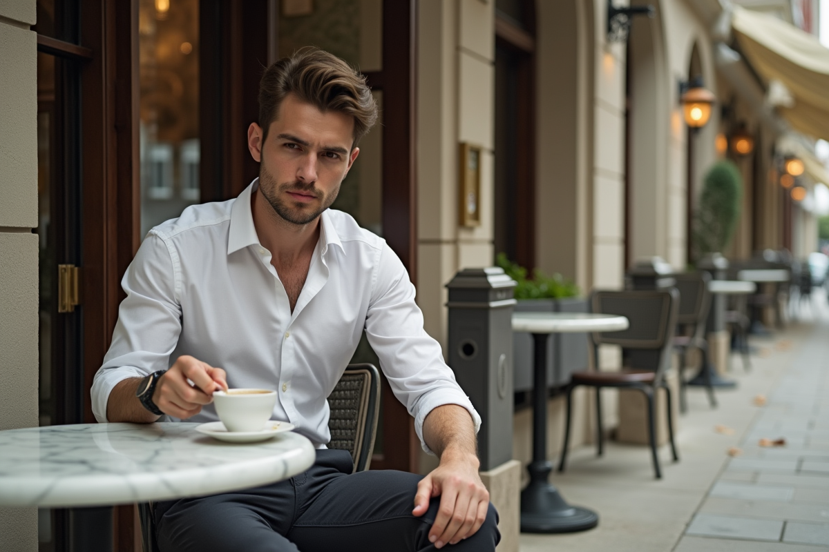 Jeune homme seul au café devant un hôtel abandonné
