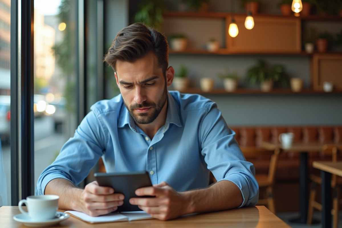 Jeune homme lisant un ereader dans un café ensoleille