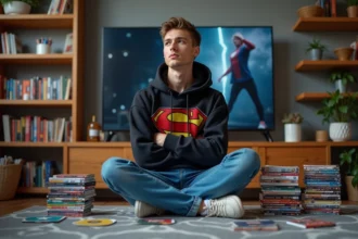 Jeune homme en hoodie Marvel lisant des comics dans son salon