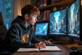 Jeune homme concentré jouant à Dofus sur son ordinateur