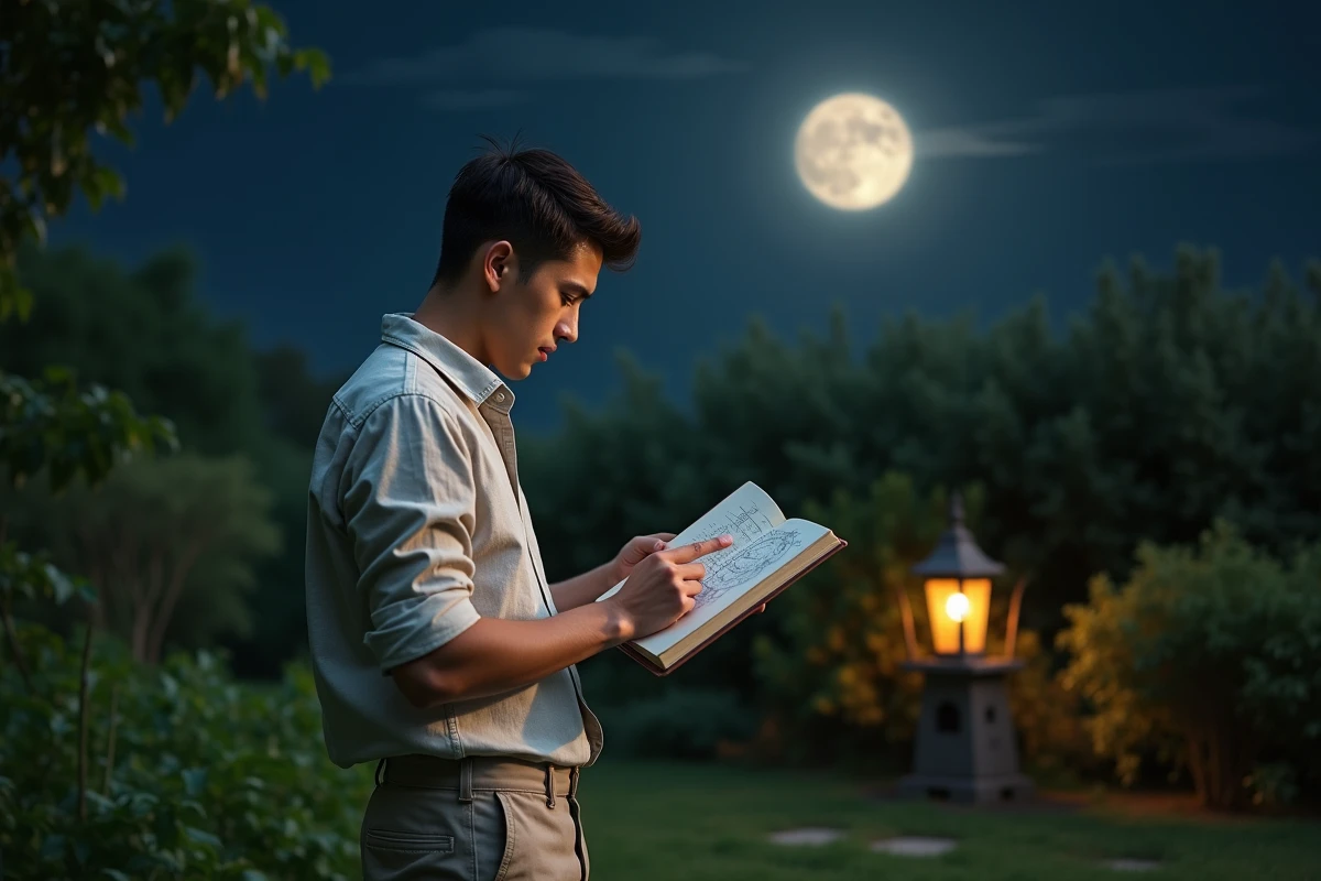 Jeune homme regarde un journal avec lune dans un jardin
