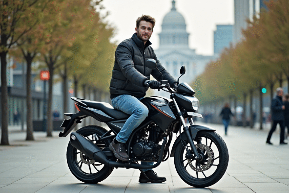 Jeune homme en denim et gants sur une moto 125cc en ville