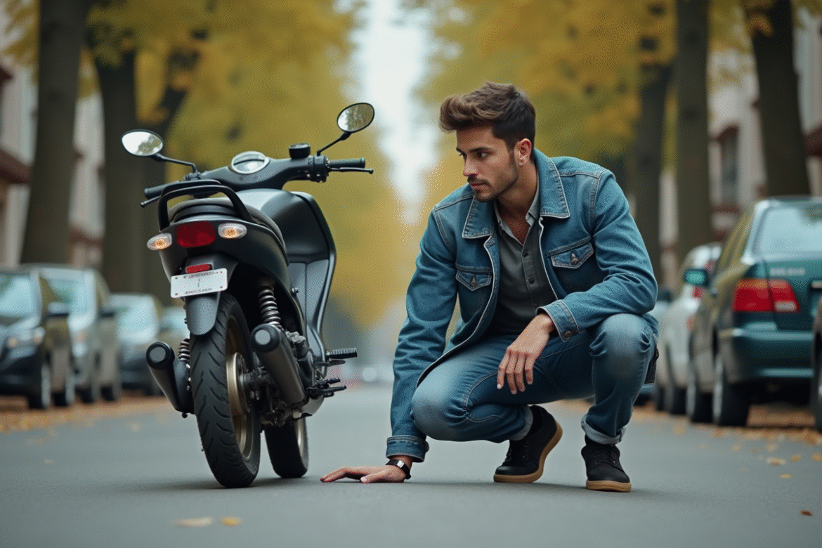 Jeune homme inspectant une moto 125cc en extérieur