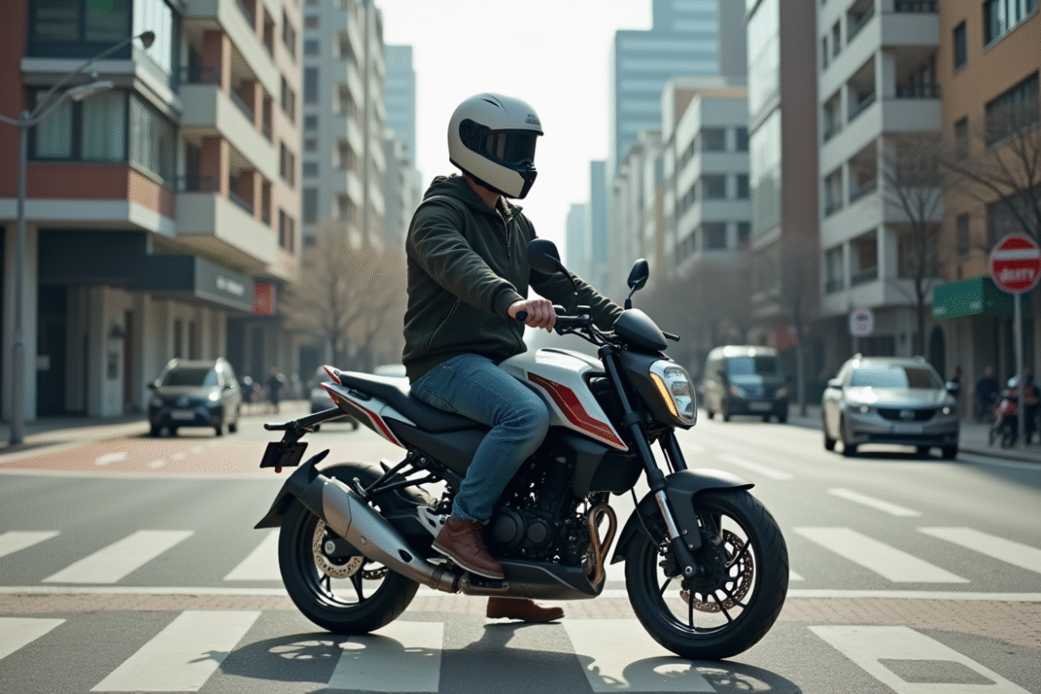 Jeune homme en moto urbaine à l'arrêt dans la ville