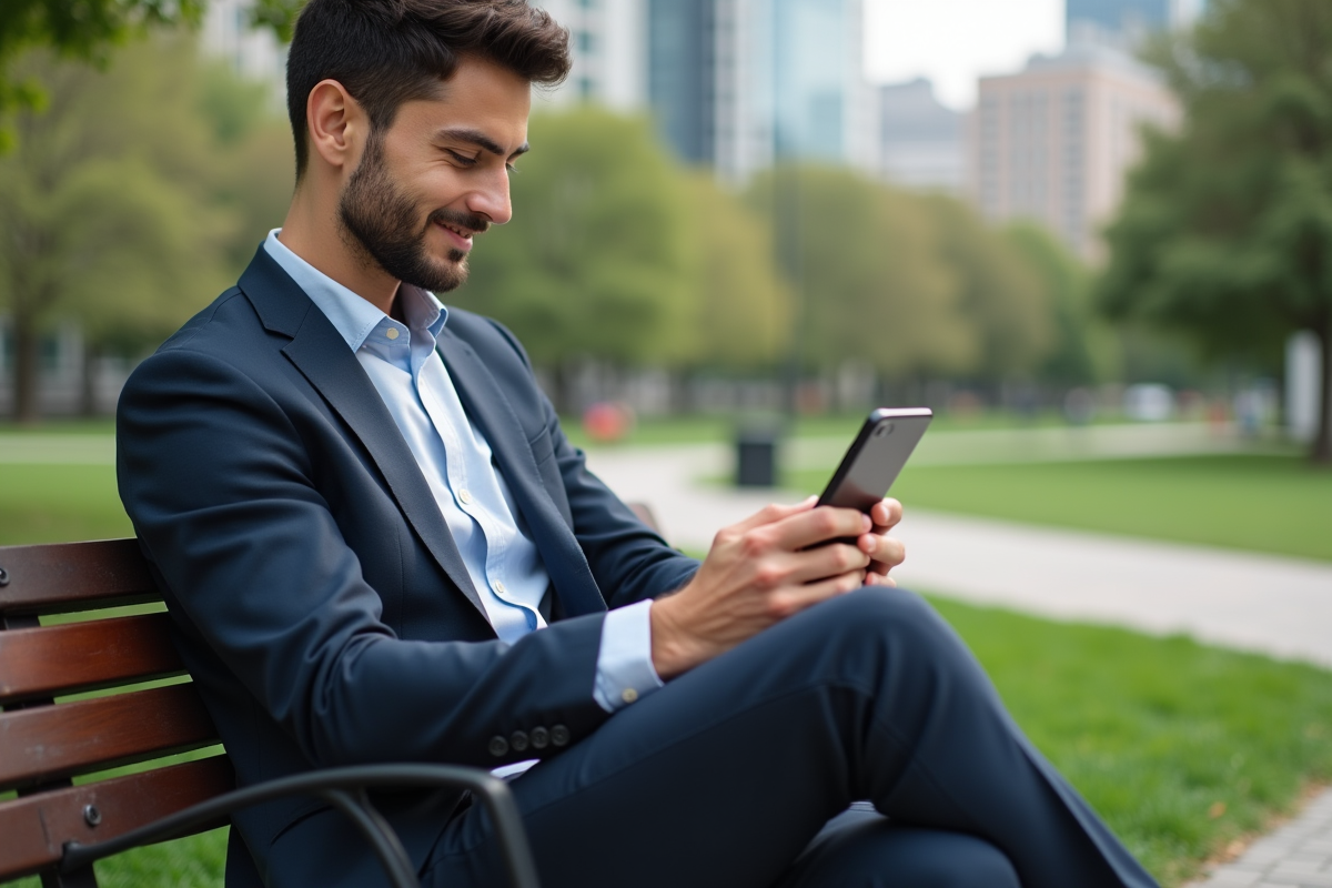 Jeune homme en ville utilisant une application domotique sur smartphone