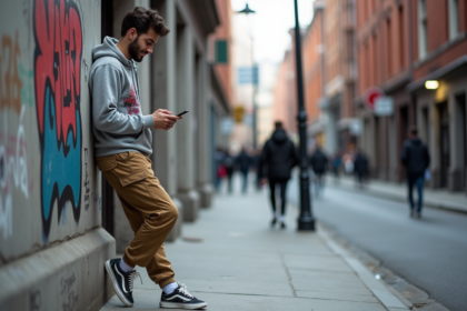 Jeune homme en streetwear contre un mur graffite en ville