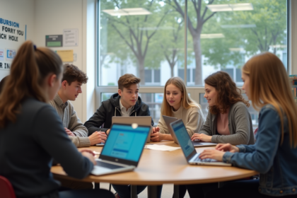 Groupe d'ados autour d'une table en classe moderne