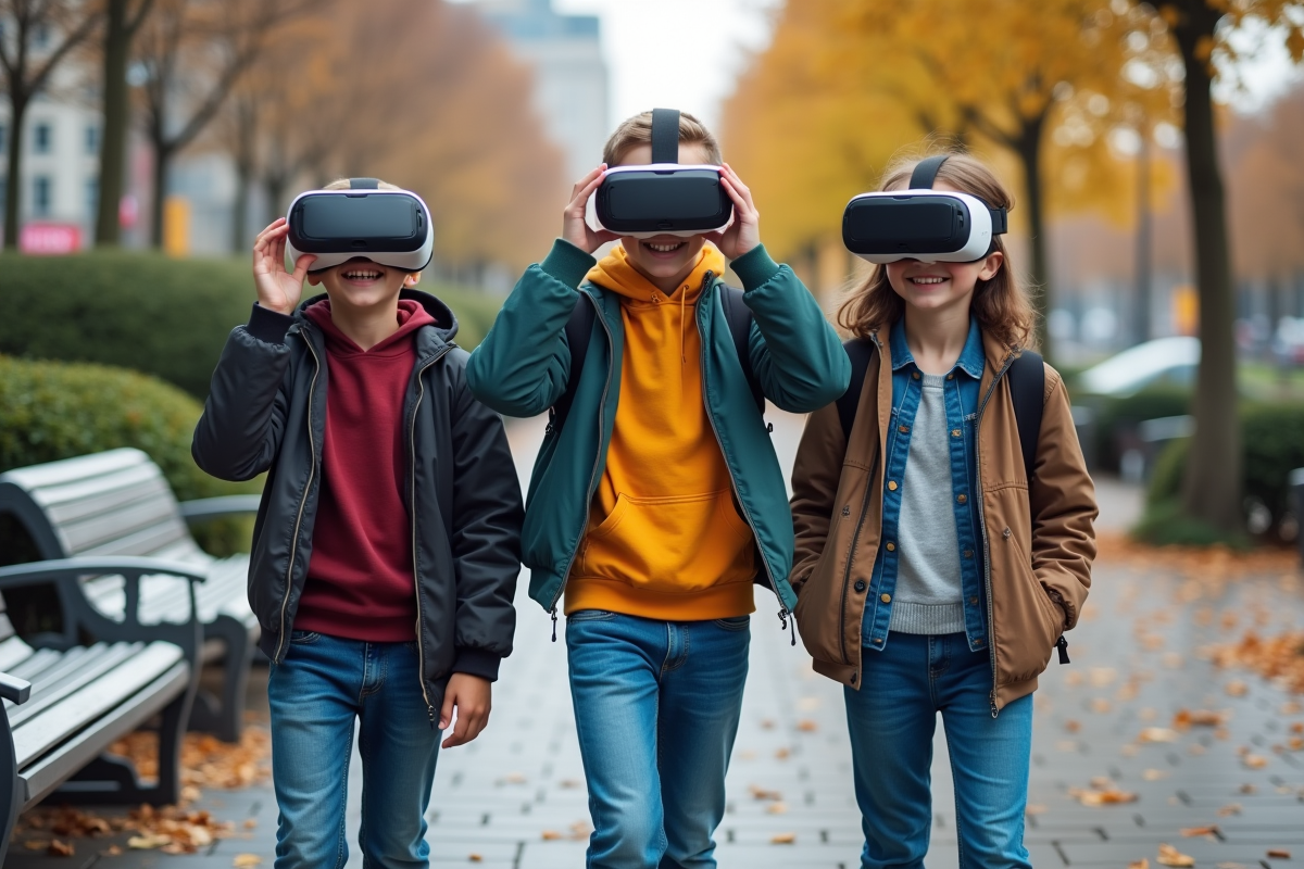 Trois adolescents avec casques VR dans un parc urbain