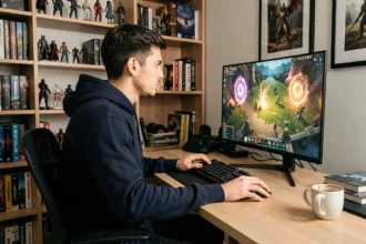 Joueur adulte concentré devant un écran de jeu MMORPG affichant des portails magiques dans un bureau gaming à domicile