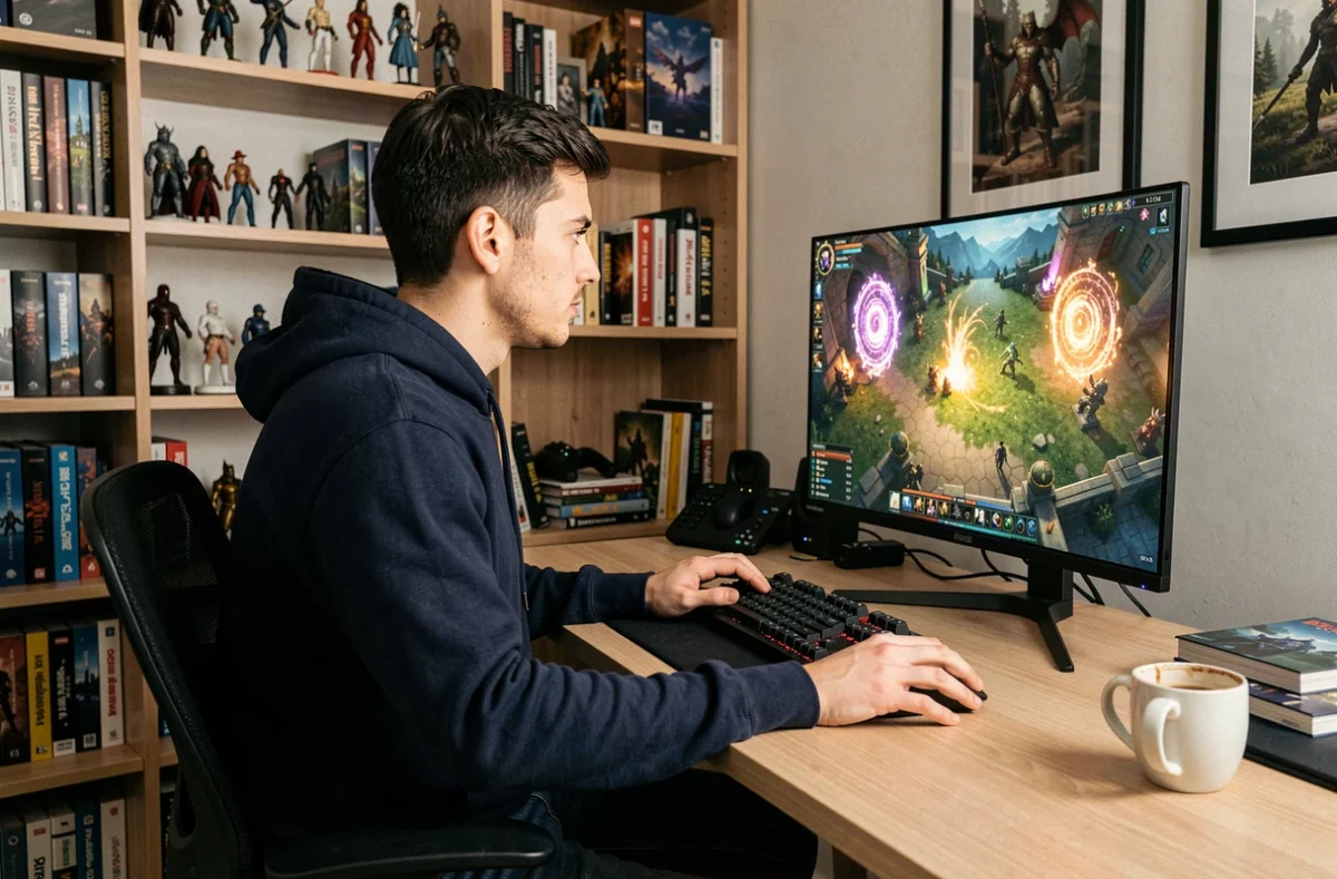 Joueur adulte concentré devant un écran de jeu MMORPG affichant des portails magiques dans un bureau gaming à domicile