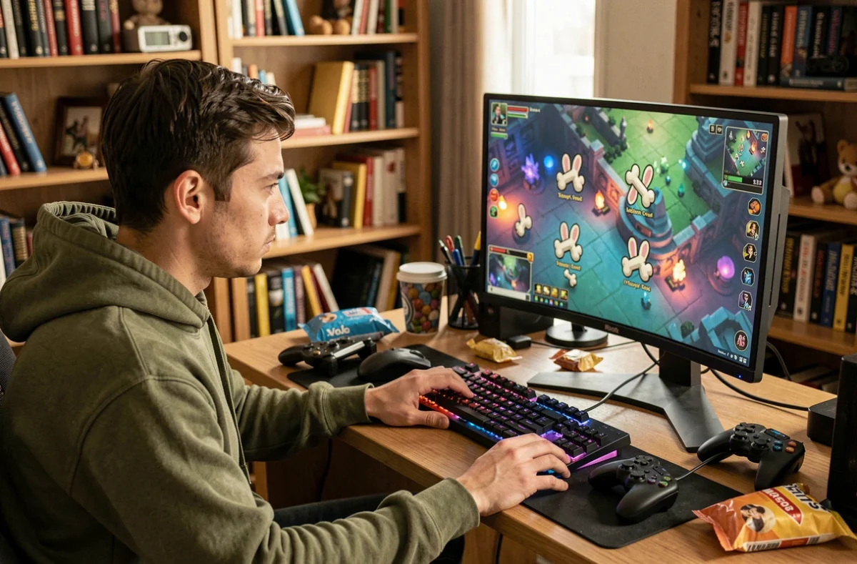 Joueur de Dofus concentré devant son écran avec l'interface de l'os de Wabbit visible, erreurs fréquentes à éviter dans le jeu