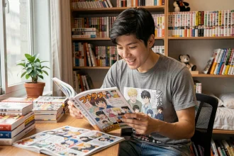 Jeune homme lisant un chapitre de manga One Piece à son bureau entouré de volumes collectionnés