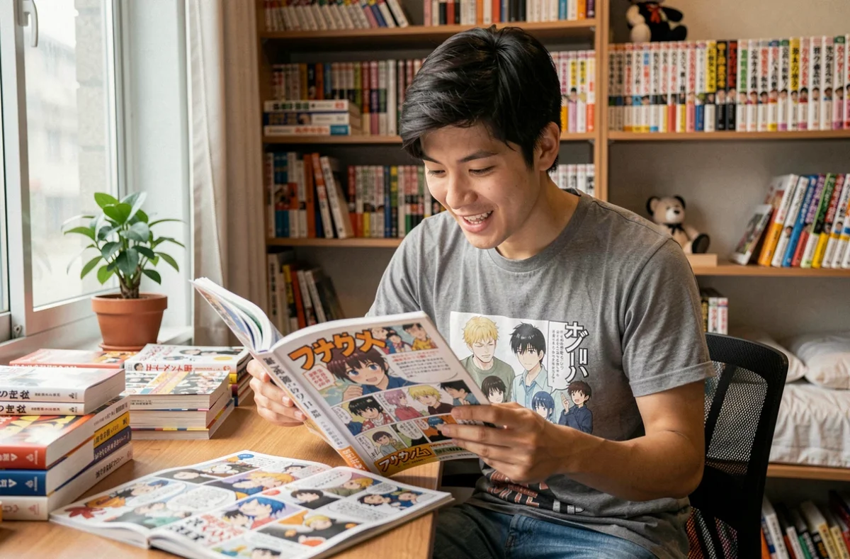 Jeune homme lisant un chapitre de manga One Piece à son bureau entouré de volumes collectionnés