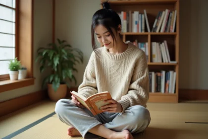 Jeune femme lisant un manga Boys Love en format papier dans un salon japonais aux tons chaleureux