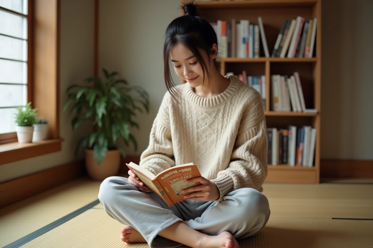 Jeune femme lisant un manga Boys Love en format papier dans un salon japonais aux tons chaleureux
