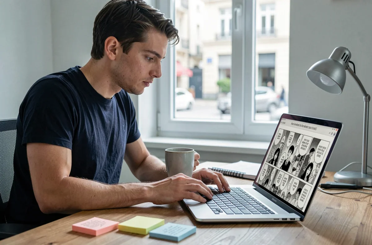 Homme lisant un manga en version française sur ordinateur portable dans un bureau à domicile avec café
