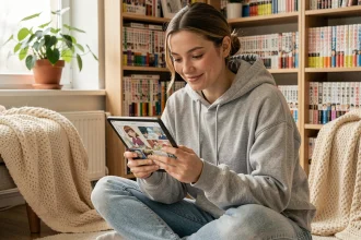 Jeune femme lisant des mangas en VF sur une tablette numérique dans sa chambre entourée de volumes manga