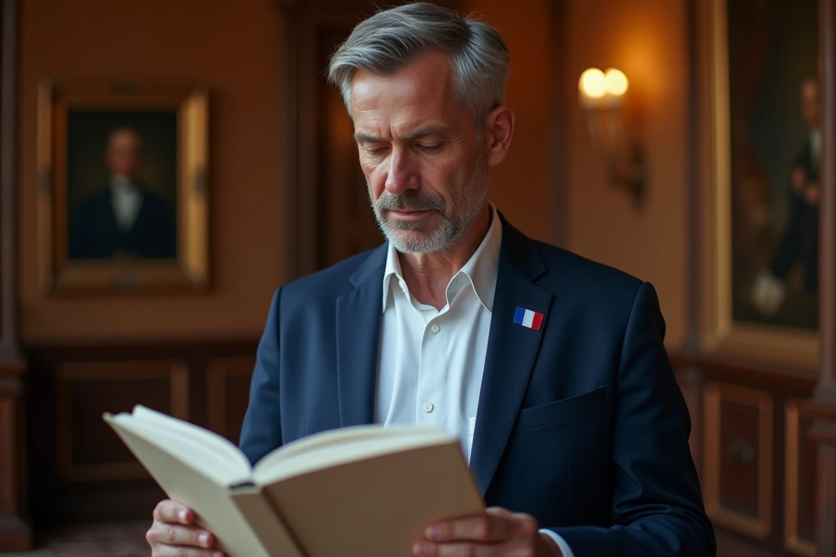 Homme d'âge mûr lisant les paroles complètes de La Marseillaise dans un livret officiel
