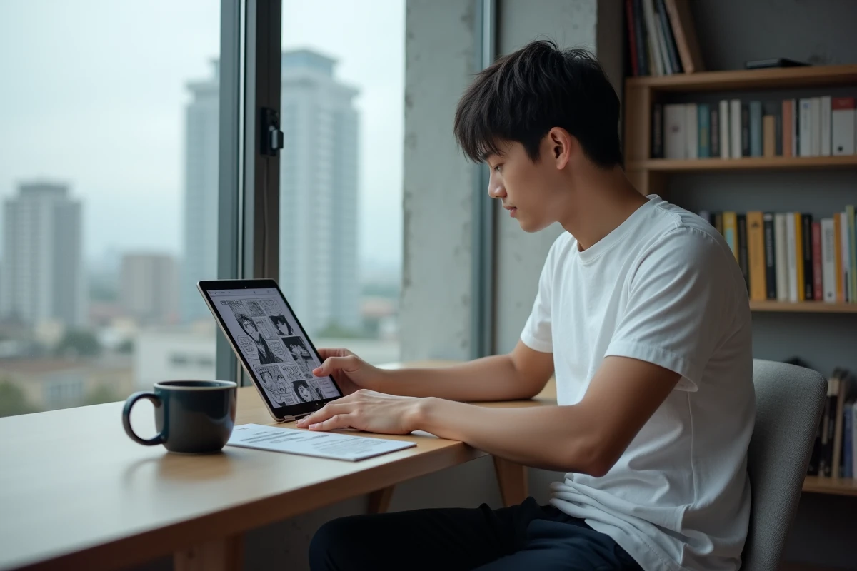 Homme lisant un scan de manga yaoi sur tablette dans un appartement moderne avec bibliothèque en arrière-plan